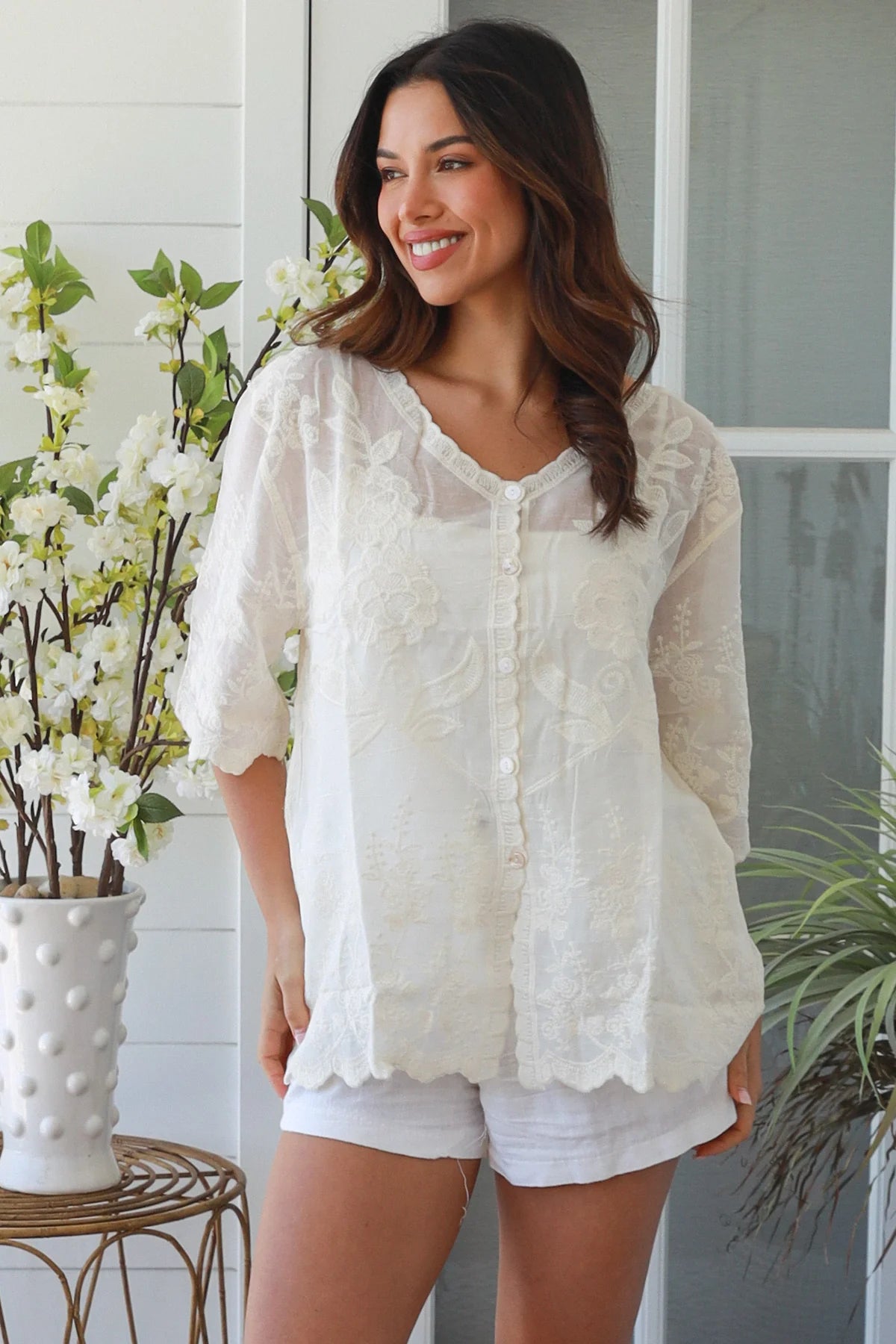 Lees Button Up Top - Cream Embroidery