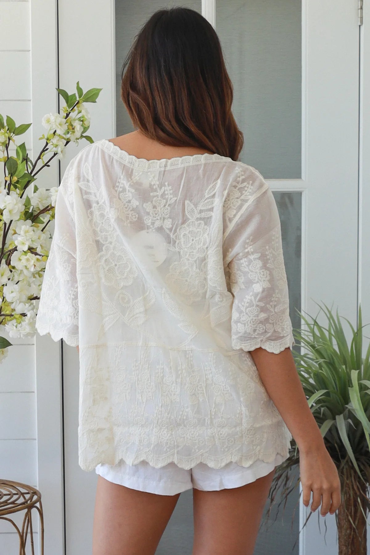 Lees Button Up Top - Cream Embroidery