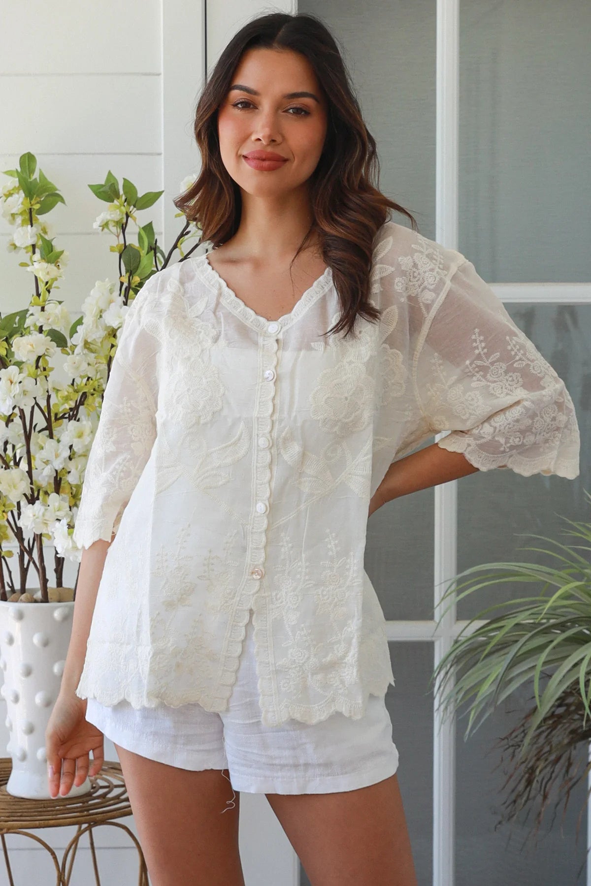 Lees Button Up Top - Cream Embroidery