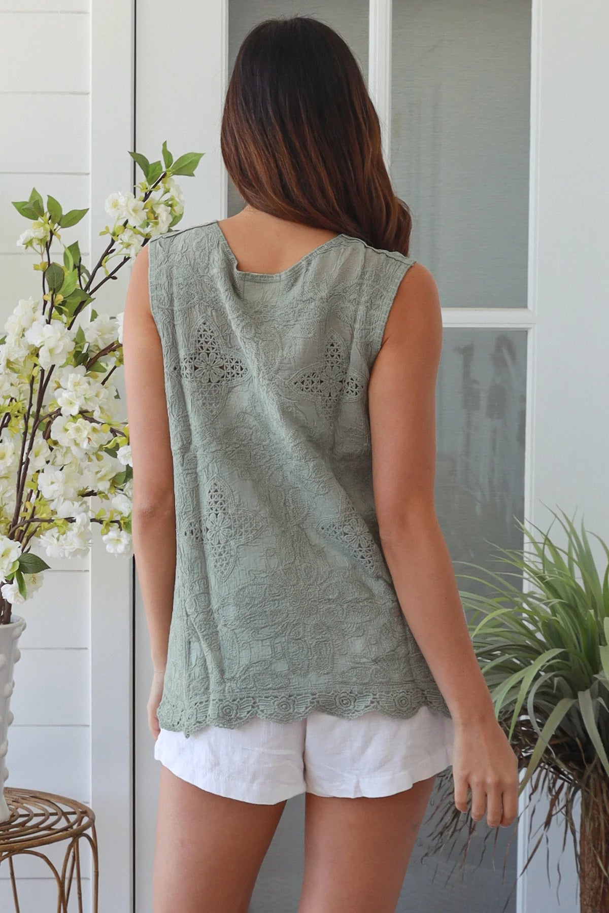 Ellie Embroidered Singlet Top - Sage