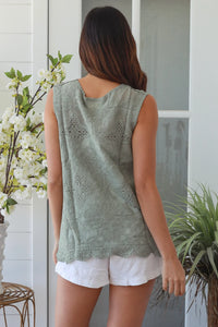 Thumbnail for Ellie Embroidered Singlet Top - Sage