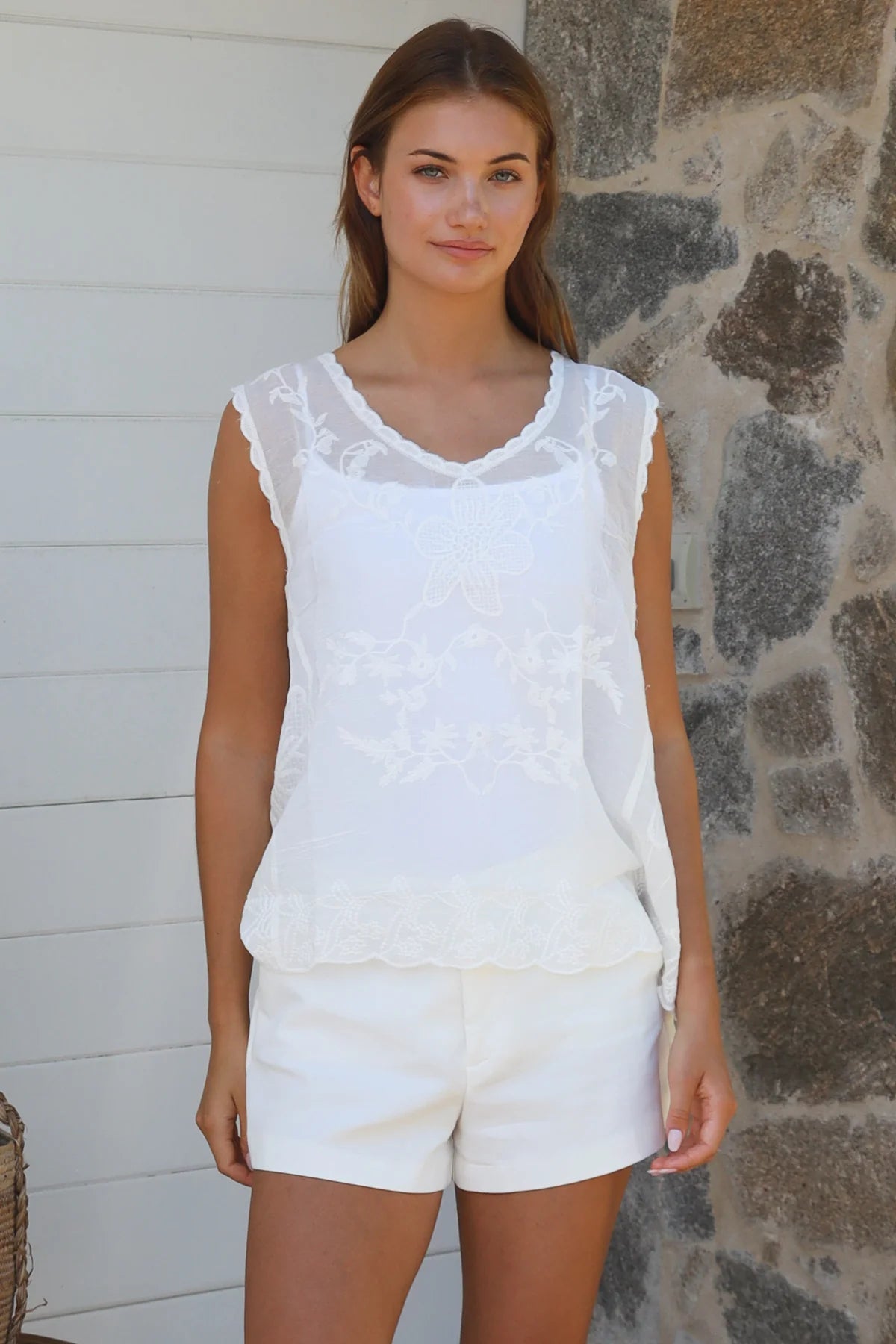 Ellie Embroidered Singlet Top - White