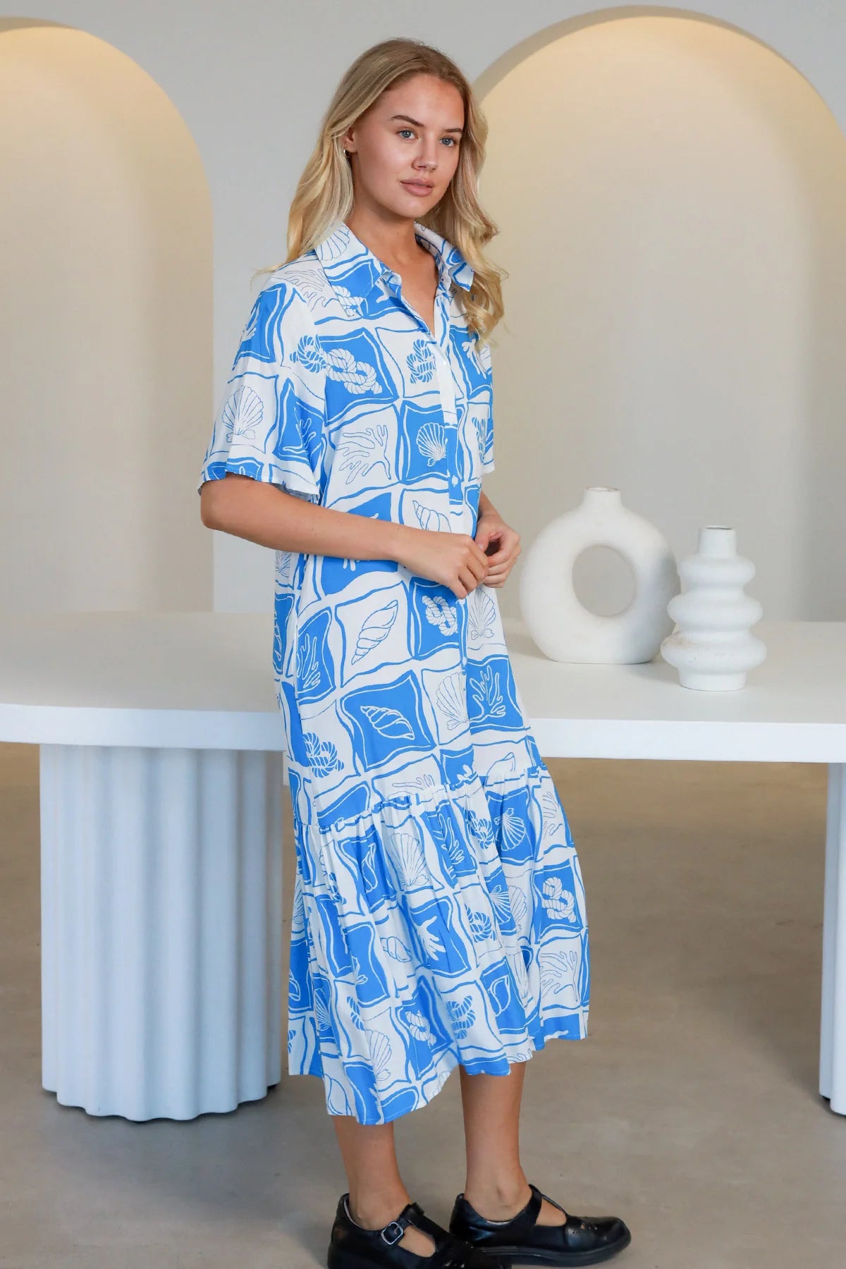 Anita Midi Dress - Blue/White