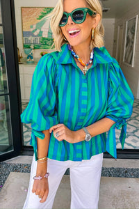 Thumbnail for Blue Stripe Tie Puff Sleeve Womens Button Down Shirt