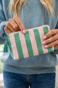 Thumbnail for Dark Green Striped Vinyl Waterproof Tassel Zipper Makeup Bag