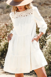 Thumbnail for White Floral Lace Patchwork Bracelet Sleeve Tiered Mini Dress