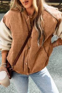 Thumbnail for Buckskin Corduroy Fleece Patchwork Buttoned Bomber Jacket