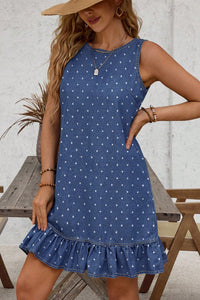 Thumbnail for Blue Polka Dot Ruffle Hem Sleeveless Denim Mini Dress