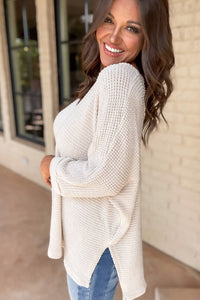 Thumbnail for White Waffle Knit Side Slits Loose Fit V Neck Top