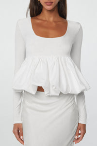 Thumbnail for White U Neck Long Sleeve Bubble Hem Top