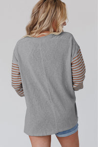 Thumbnail for Gray Colorblock Striped Bishop Sleeve Top