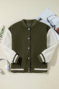 Thumbnail for Mist Green Corduroy Fleece Patchwork Buttoned Bomber Jacket