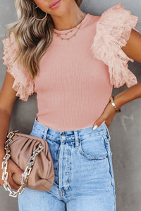Thumbnail for Pink Dotty Mesh Ruffle Sleeve Ribbed Knit Top