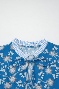 Thumbnail for Blue Floral Print Button Tie Neck Striped Detail Short Sleeve Blouse