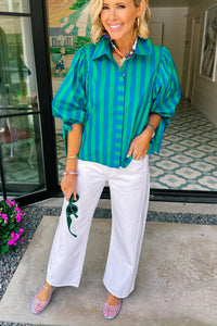 Thumbnail for Blue Stripe Tie Puff Sleeve Womens Button Down Shirt