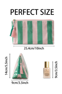 Thumbnail for Dark Green Striped Vinyl Waterproof Tassel Zipper Makeup Bag