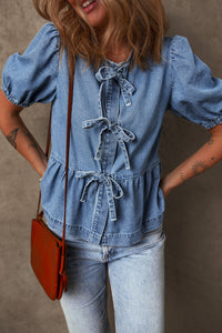 Thumbnail for Dusk Blue Tied Front Bubble Sleeve Peplum Denim Shirt