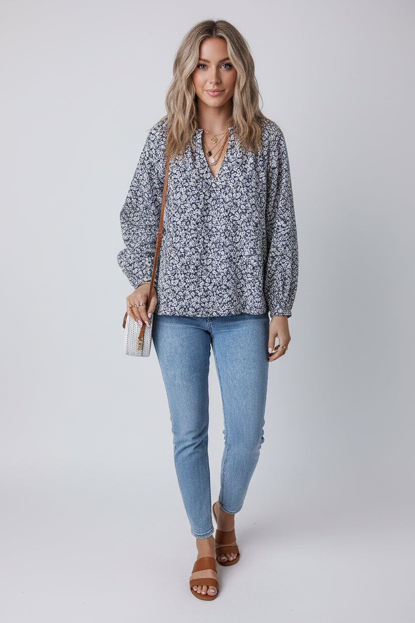 Meadow Puff Sleeve Blouse - Navy Floral
