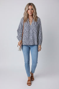 Thumbnail for Meadow Puff Sleeve Blouse - Navy Floral
