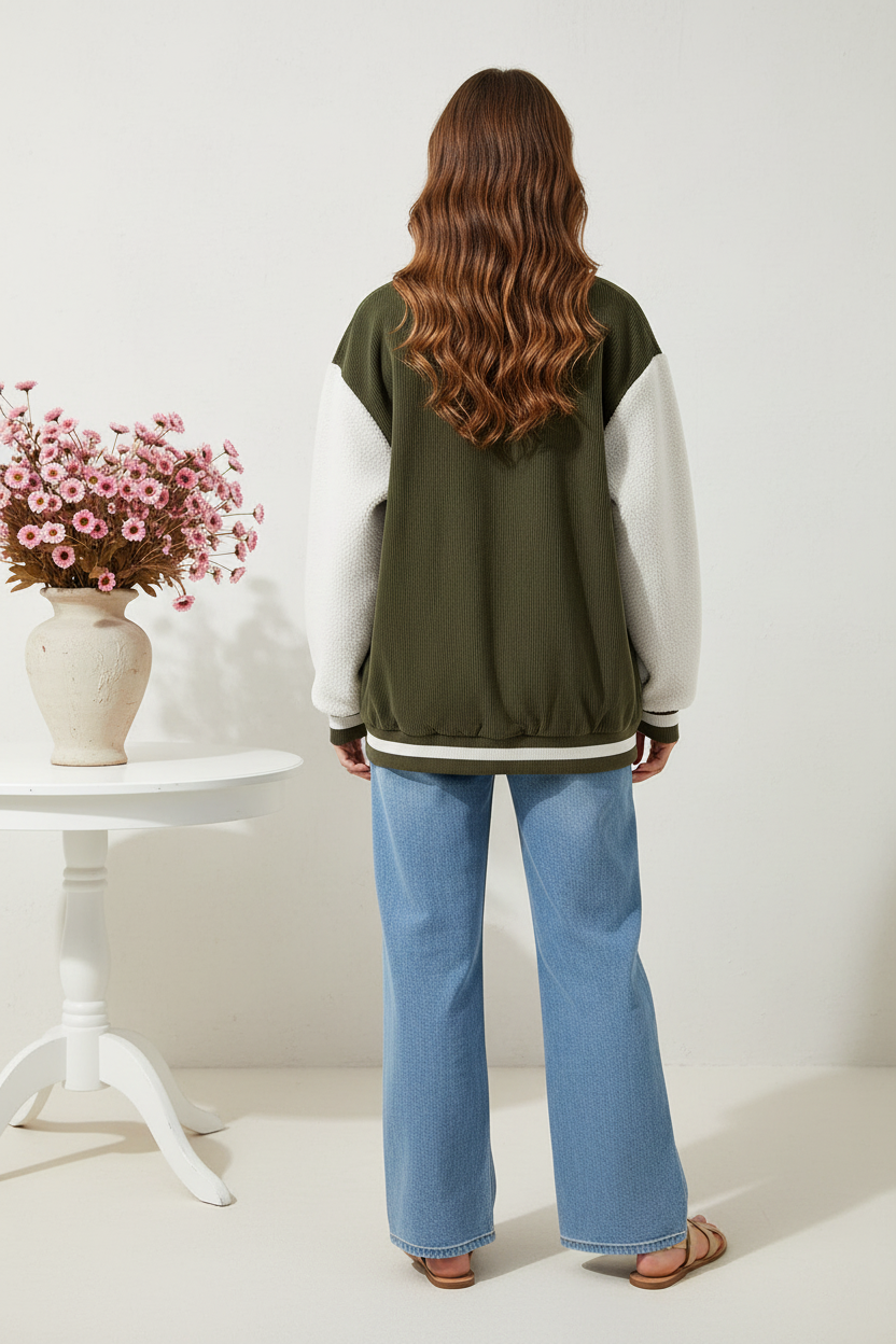 Back view - Army Green Sherpa Varsity Jacket