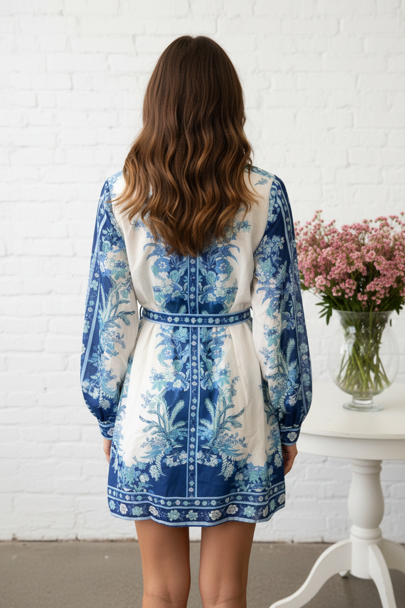 Back view - Blue Chinoiserie Mini Dress