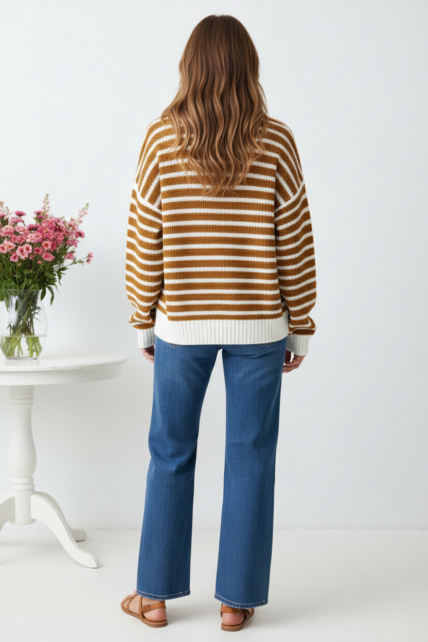 Back view - Brown Stripe Half-Zip Knit