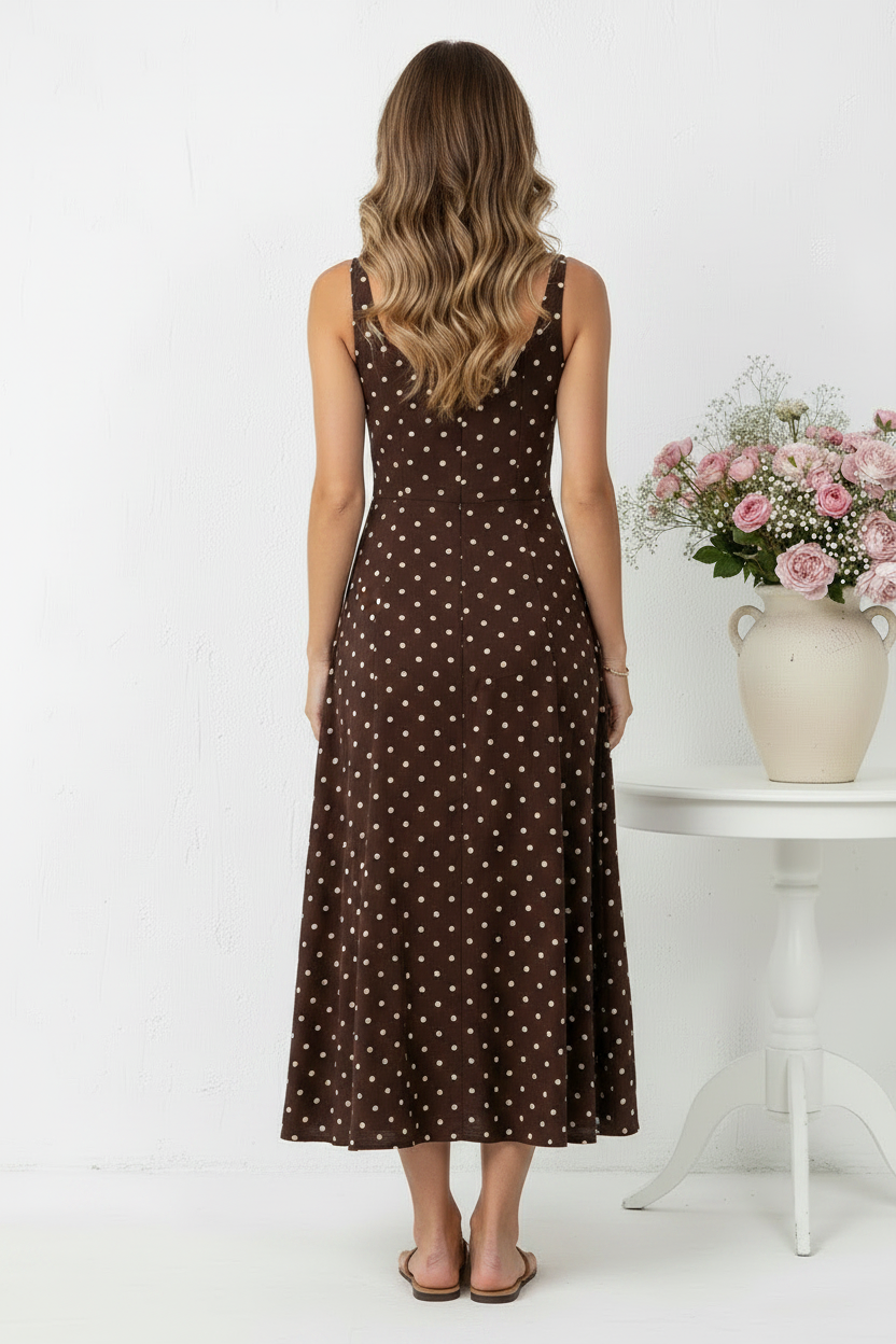 Back view - Chocolate Polka Dot Low Calf Dress