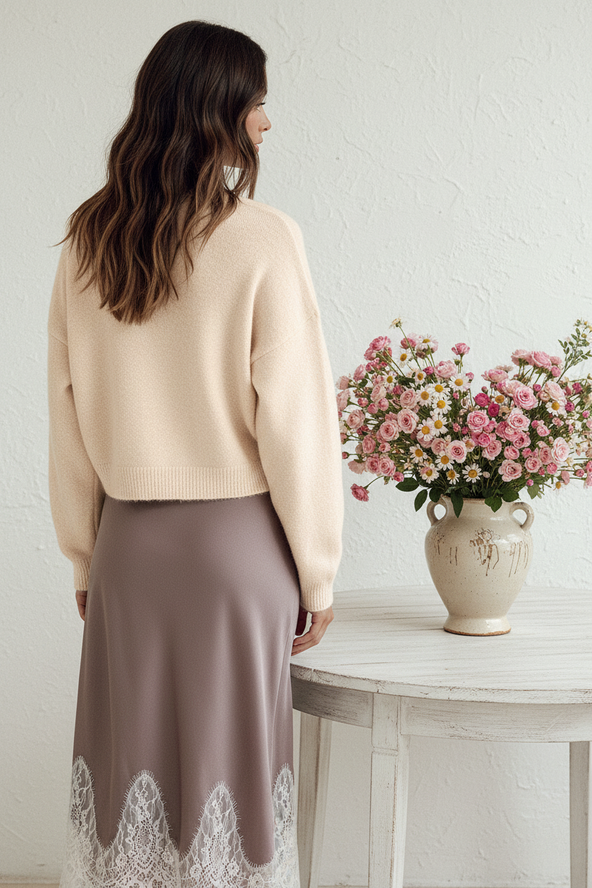 Back view - Cream Cardigan & Lace Skirt