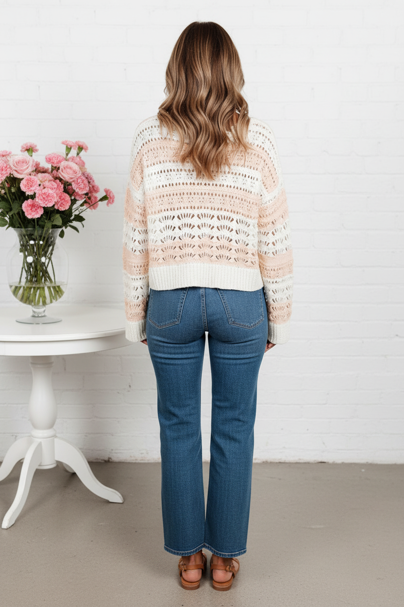 Back view - Cream Open-Knit Sweater