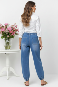 Thumbnail for Back view - Denim Jogger Jeans white shirt