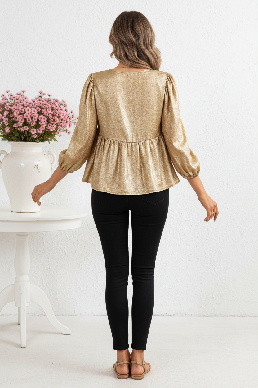Back view - Gold Metallic Peplum Blouse