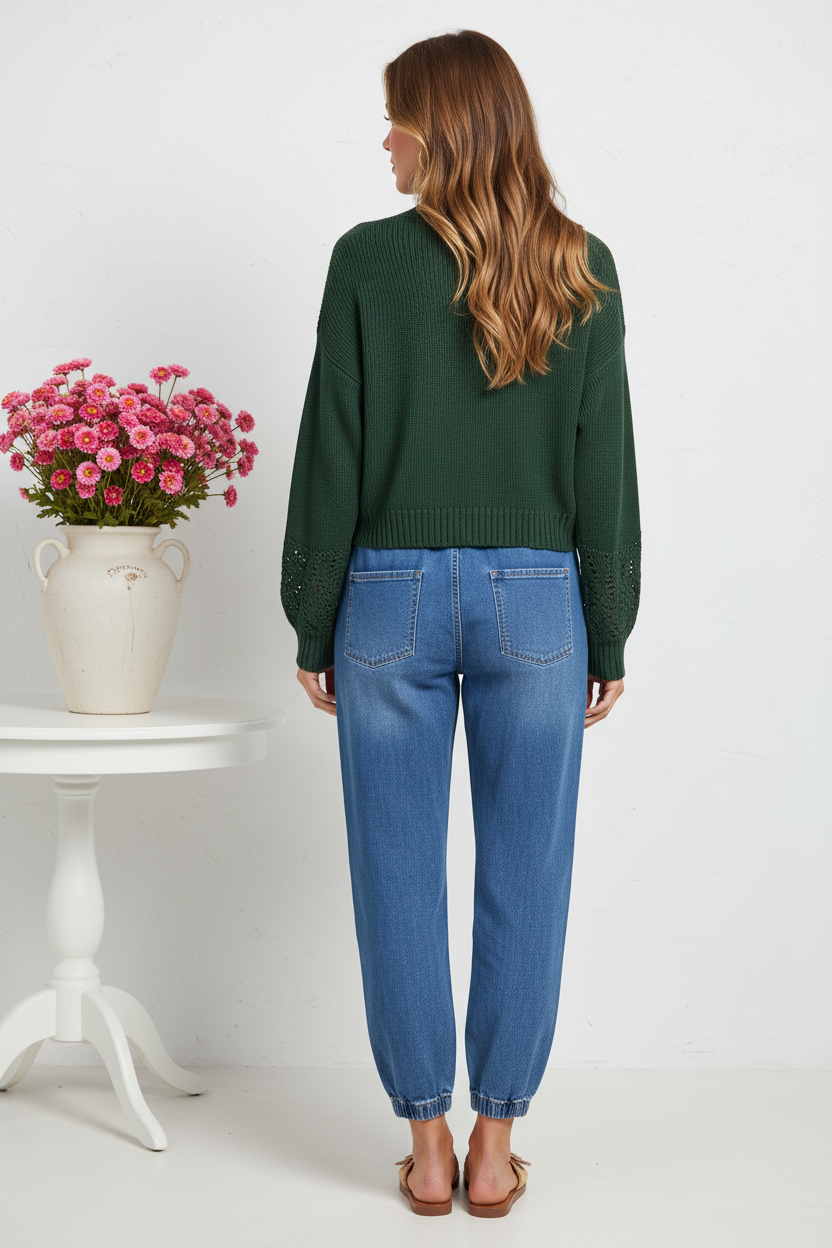 Back view - Green Ribbed Cardigan & Jogger Jeans