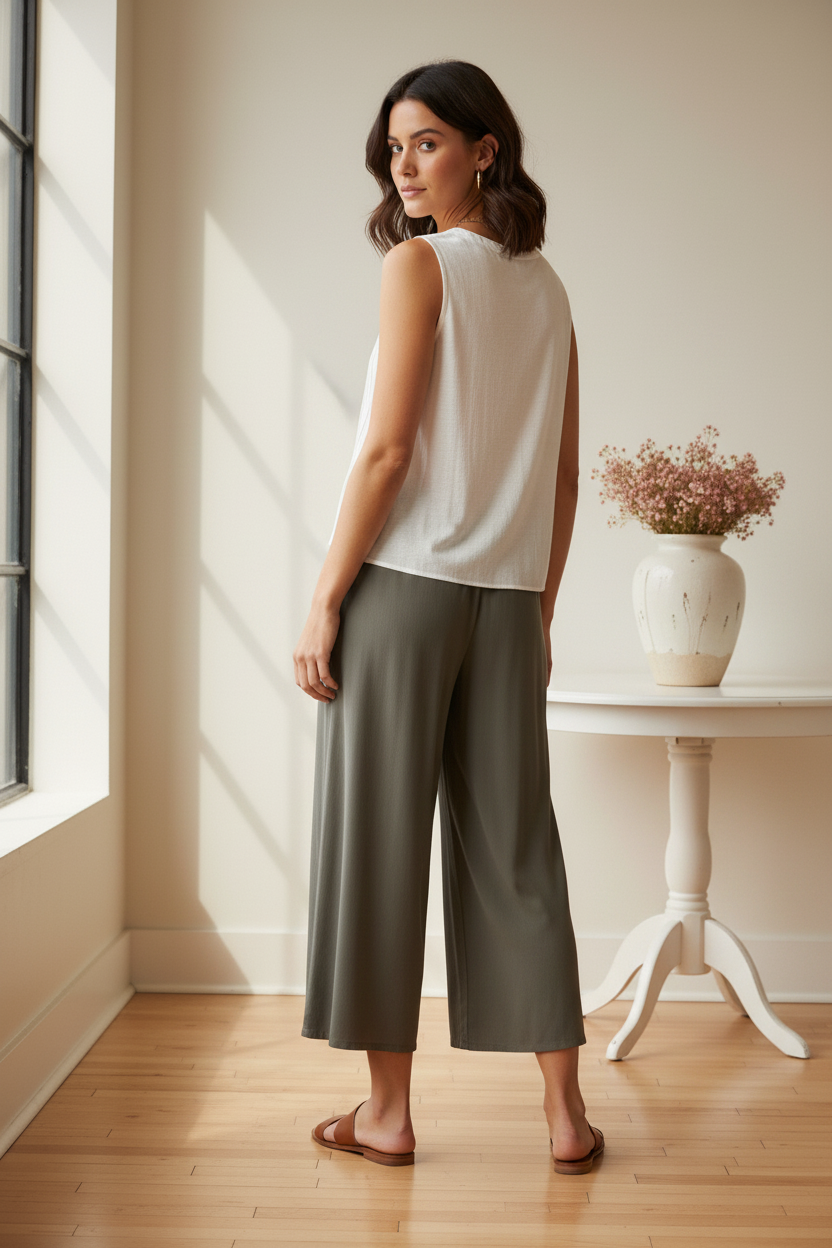 Back view - Khaki Wide-Leg Cropped Culottes
