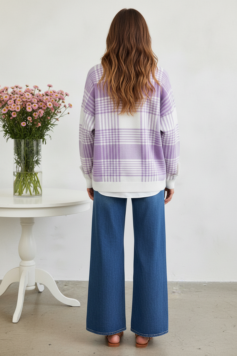 Back view - Lavender Plaid Knit & Wide-Leg Jeans