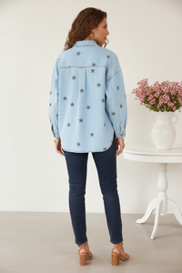 Thumbnail for Back view - Light Blue Star Print Denim Shacket