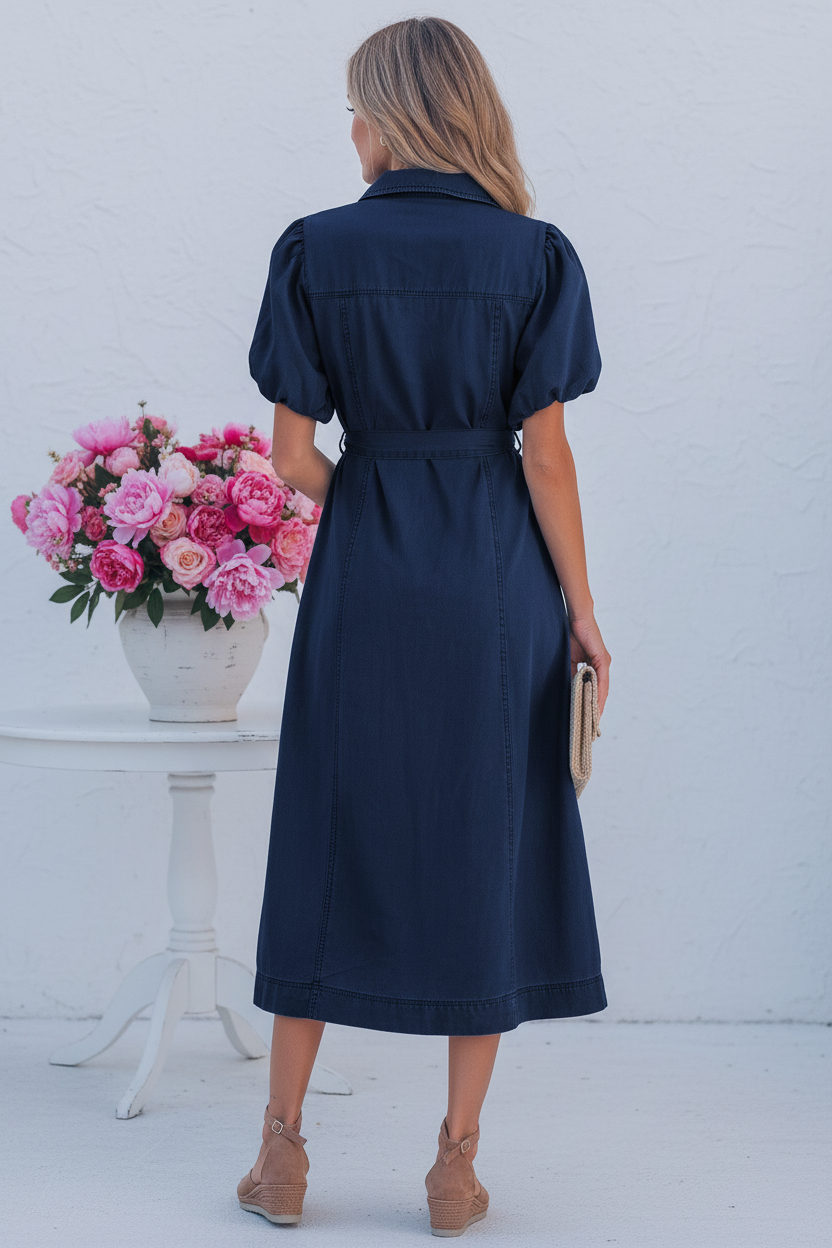 Back view - Navy Puff Sleeve Shirt Dress