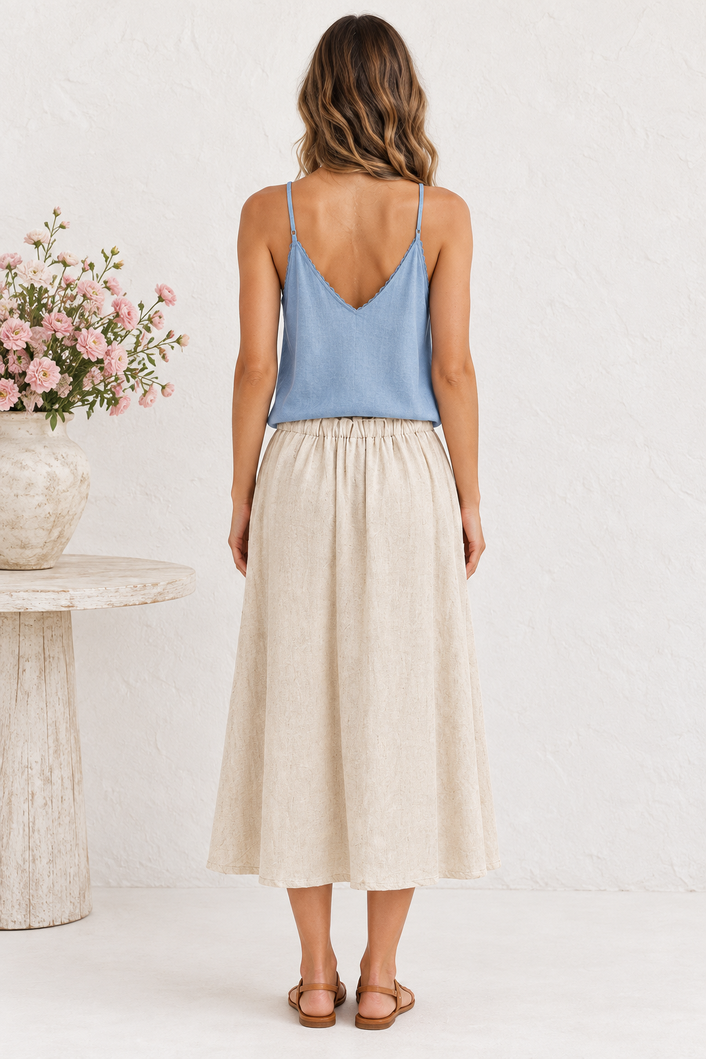 Back view - Oat Linen Skirt + Blue Cami