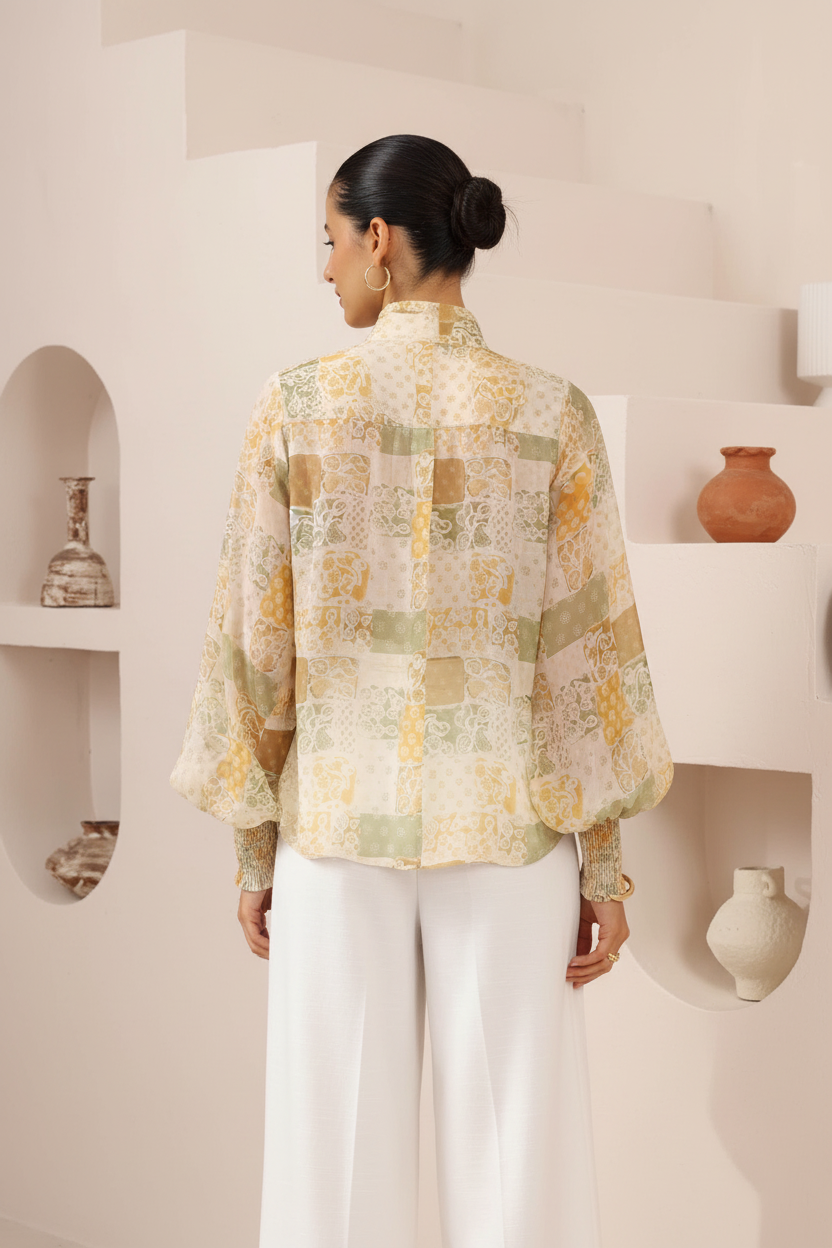 Back view - Patchwork Print Balloon Sleeve Top