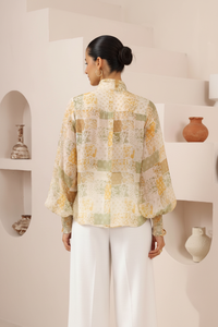 Thumbnail for Back view - Patchwork Print Balloon Sleeve Top