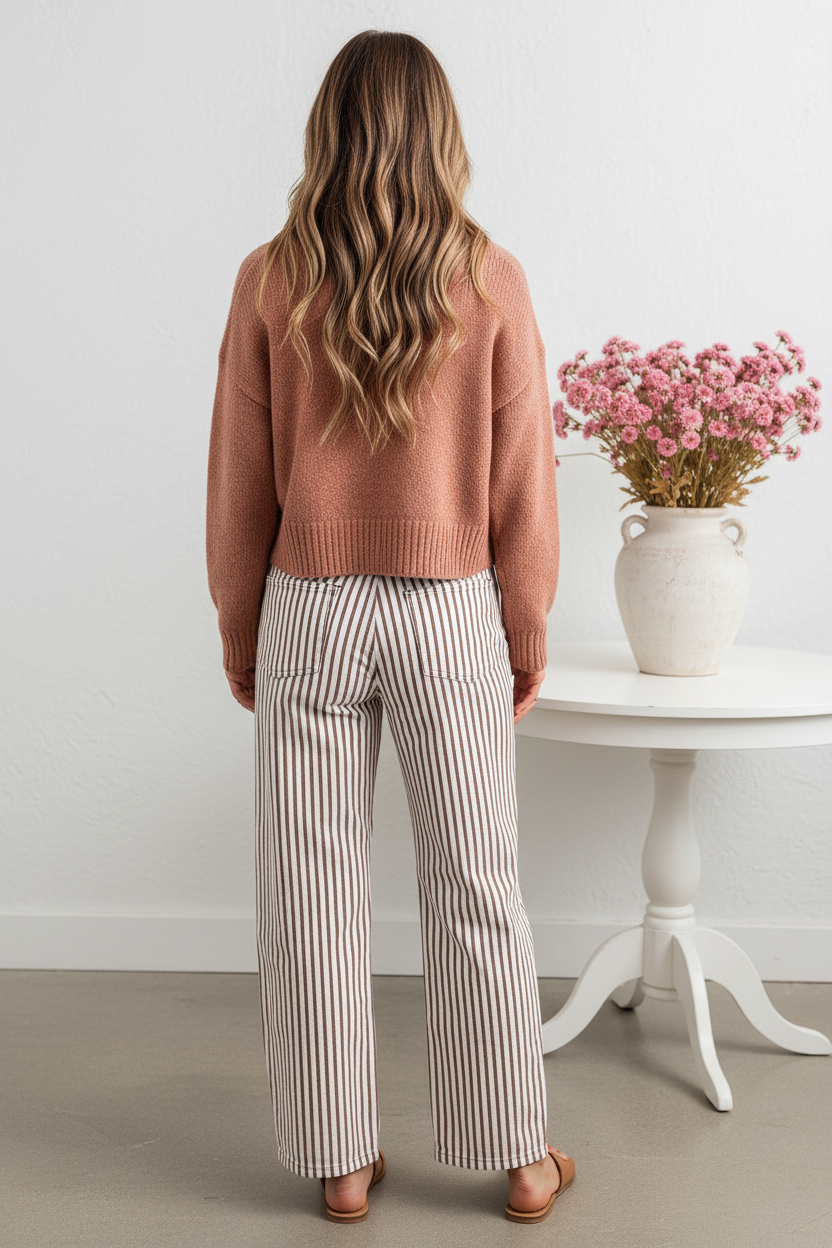 Back view - Pink Cardigan & Striped Jeans