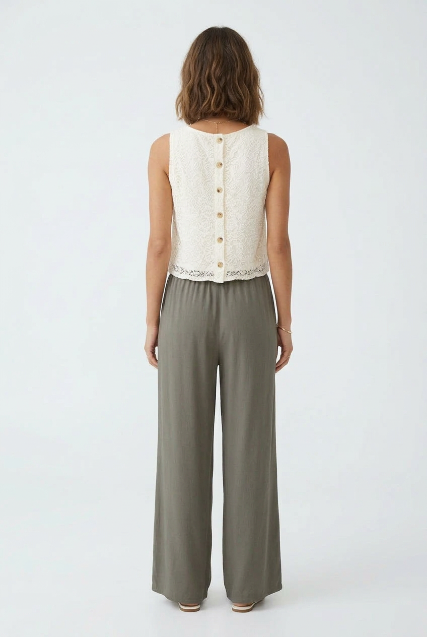 Back view with six small tan faux buttons
