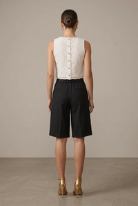 Thumbnail for Back view with subtle waistband gathering and six small tan faux buttons on the top