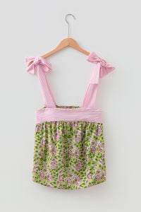 Thumbnail for Green Floral Printed Knot Straps Babydoll Tank Top