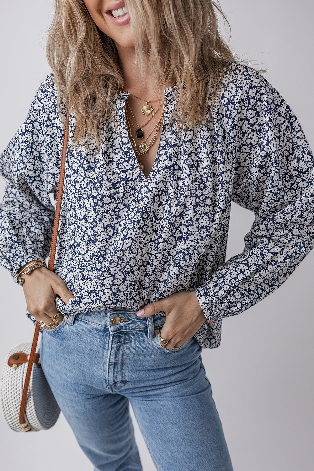 Meadow Puff Sleeve Blouse - Navy Floral