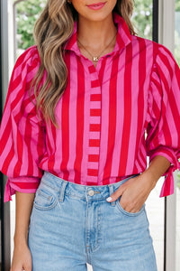 Thumbnail for Red Stripe Tie Puff Sleeve Womens Button Down Shirt