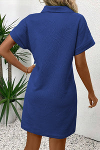Thumbnail for Sky Blue Solid Color Textured Short Sleeve A Line Mini Dress