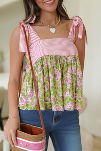 Thumbnail for Green Floral Printed Knot Straps Babydoll Tank Top