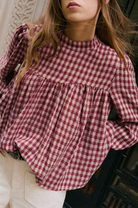 Thumbnail for Coral Country Plaid Long Sleeve Button Keyhole Pleated Loose Blouse