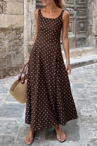 Thumbnail for Brown Polka Dot Print Square Neck Sleeveless Vacation Long Dress