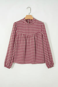 Thumbnail for Coral Country Plaid Long Sleeve Button Keyhole Pleated Loose Blouse